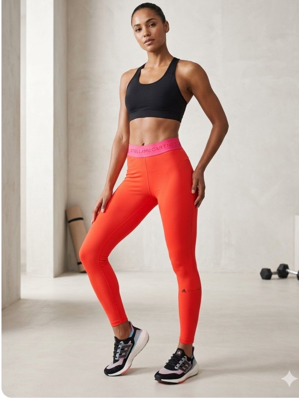 adidas Stella McCartney coral Red run long tights with Pink Waistband